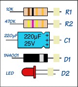 elko, weerstanden, led en diode