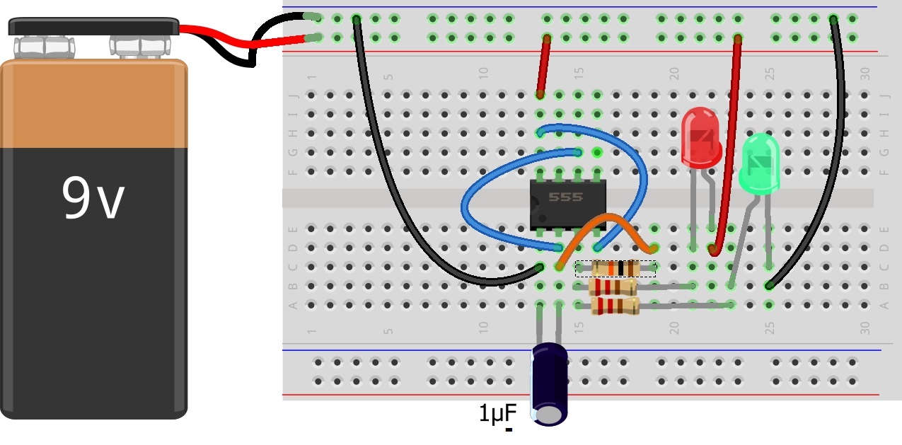 Voorbeeld schakeling op breadboard